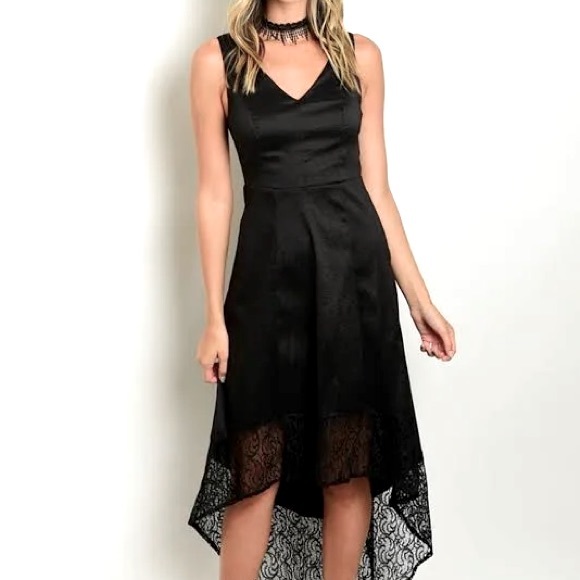 SEXY BLACK HIGH LOW LACE DETAIL DRESS - Picture 1 of 10